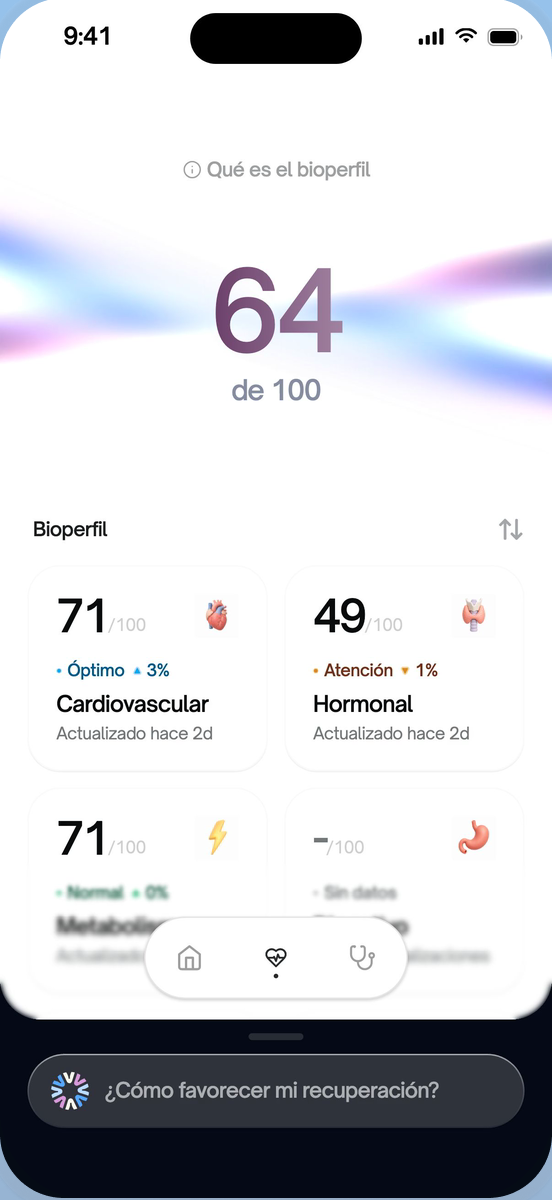 Pantalla del bioperfil en la app Viveon con el puntaje de salud
