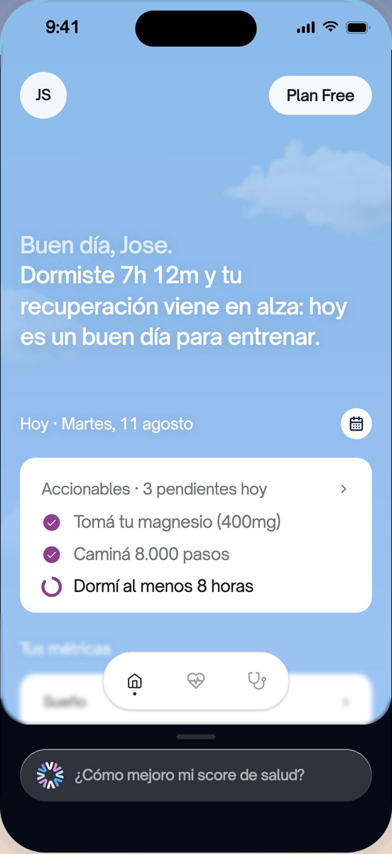 Pantalla de inicio de la app Viveon con el resumen del día